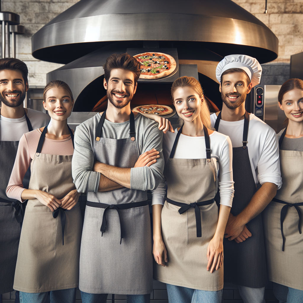 Friendly restaurant team of diverse staff members in aprons standing together in casual dining kitchen with pizza ovens