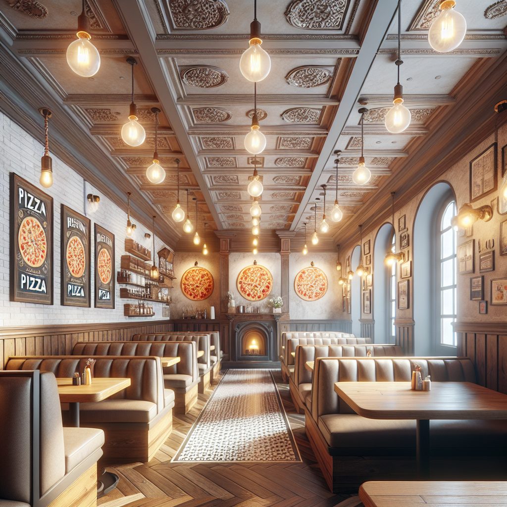 Cozy pizza restaurant atmosphere with warm ambient lighting, wooden booths, vintage pizza memorabilia, and Edison bulb lighting