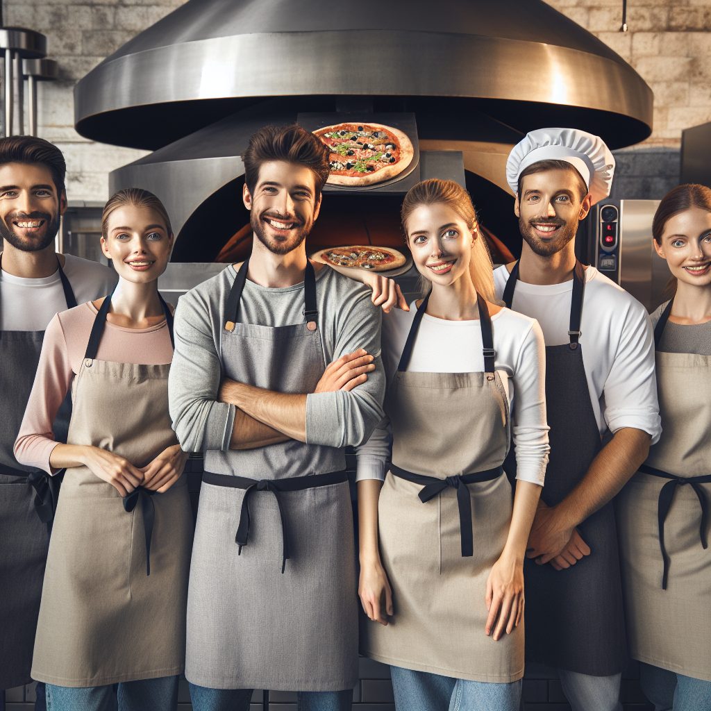 Kitchen staff in aprons at a casual pizza restaurant, the kind of team these reviews are about