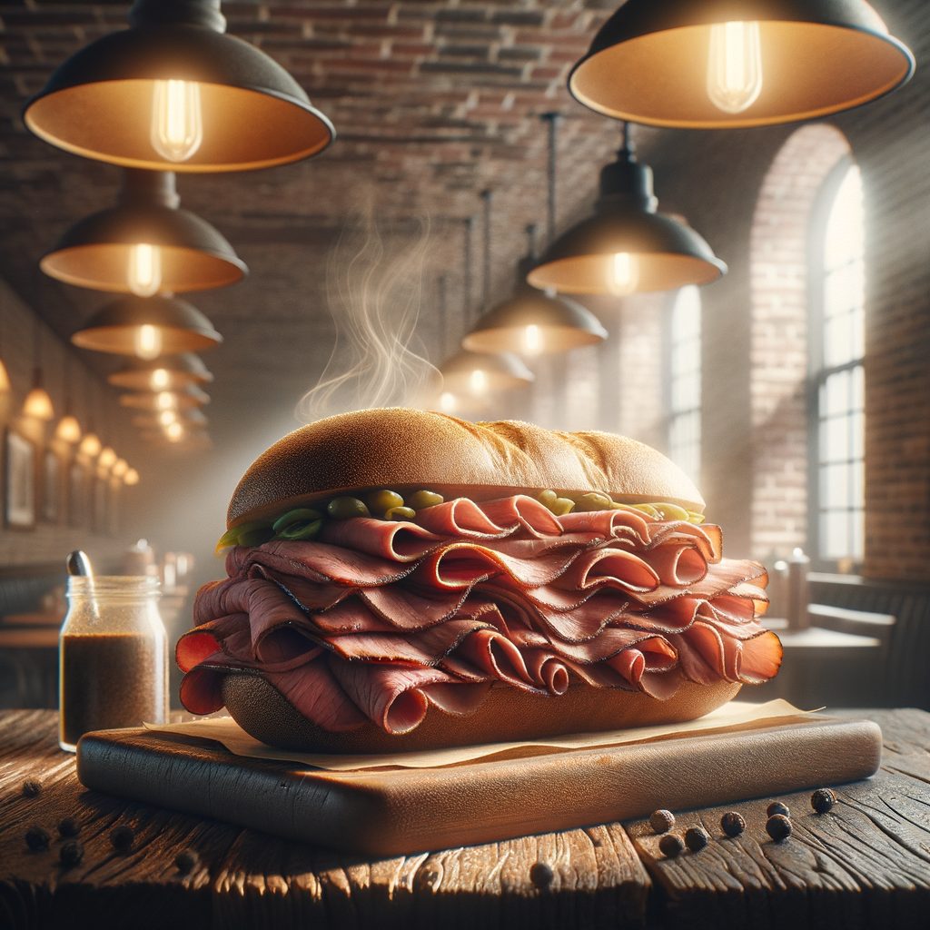 A roast beef sandwich piled high on a soft roll, served on a wooden board