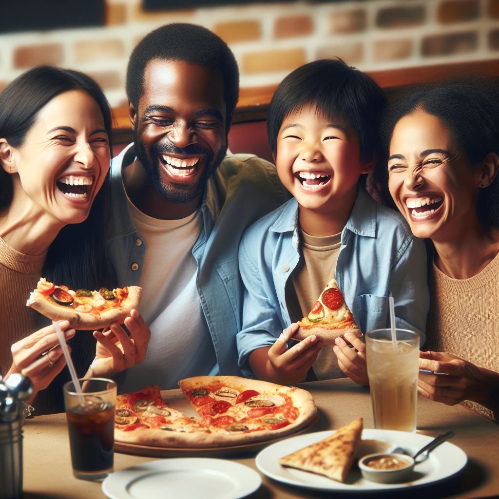 Happy family enjoying meal together at casual restaurant, sharing pizza and sandwiches with genuine smiles and laughter