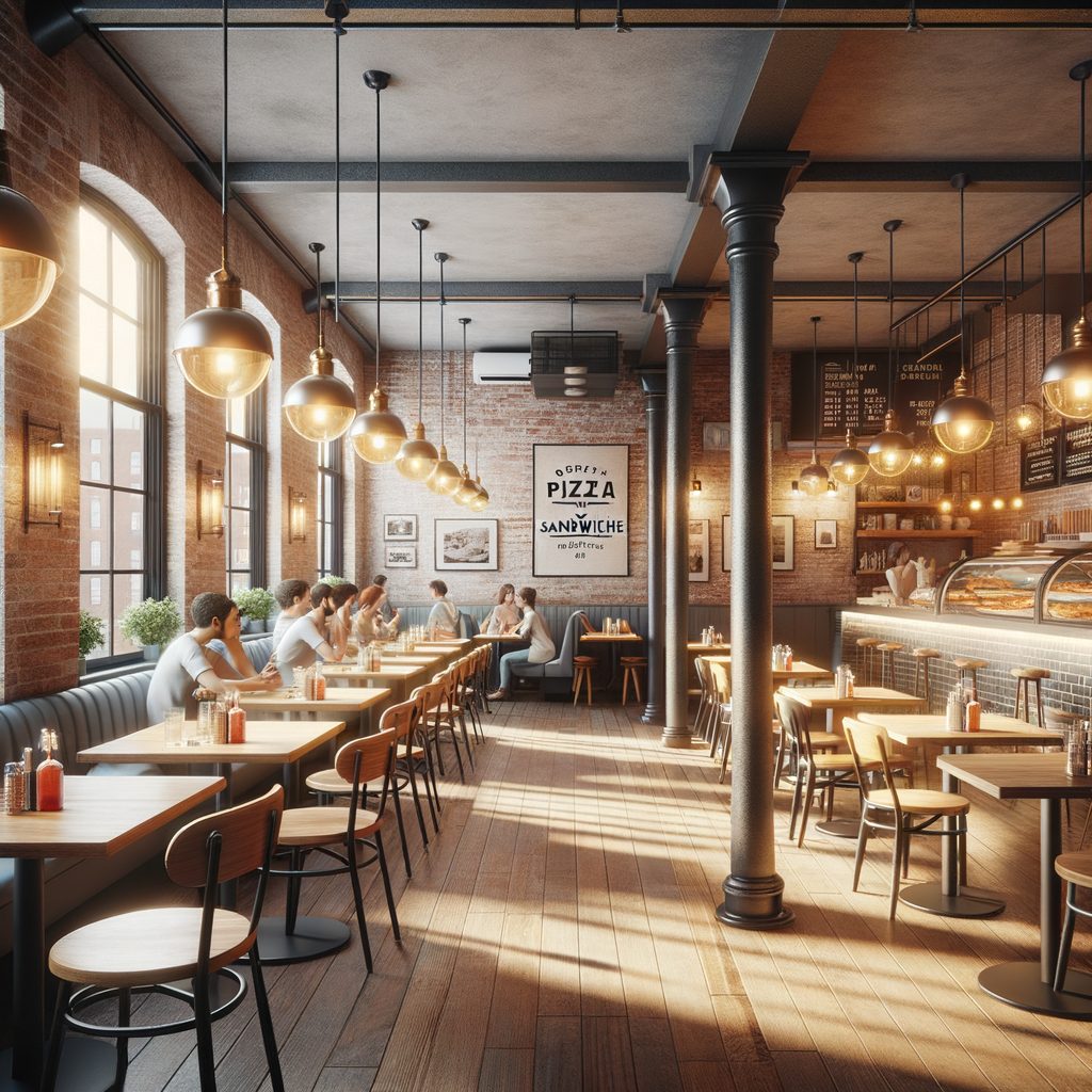 Warm inviting restaurant interior with exposed brick walls, wooden tables, and families enjoying meals in Lowell Massachusetts style